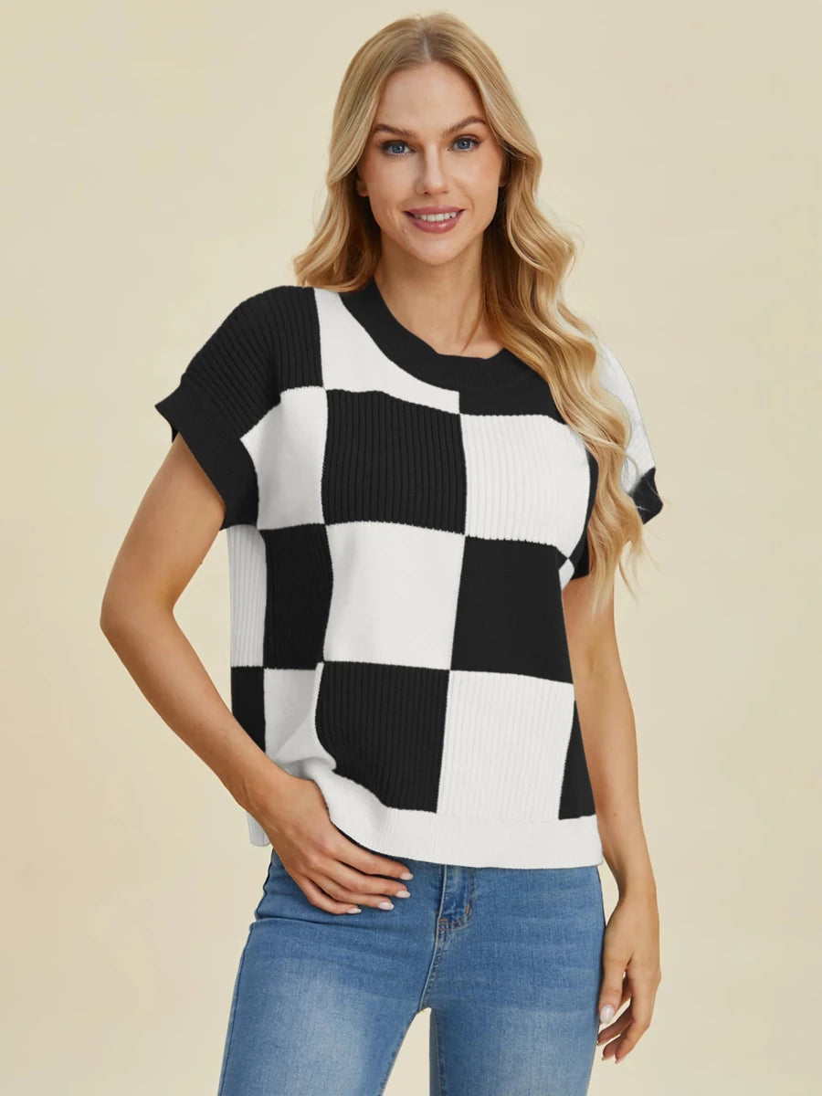 Double Take Full Size Checkered Round Neck Short Sleeve Sweater, Black/1, view 3