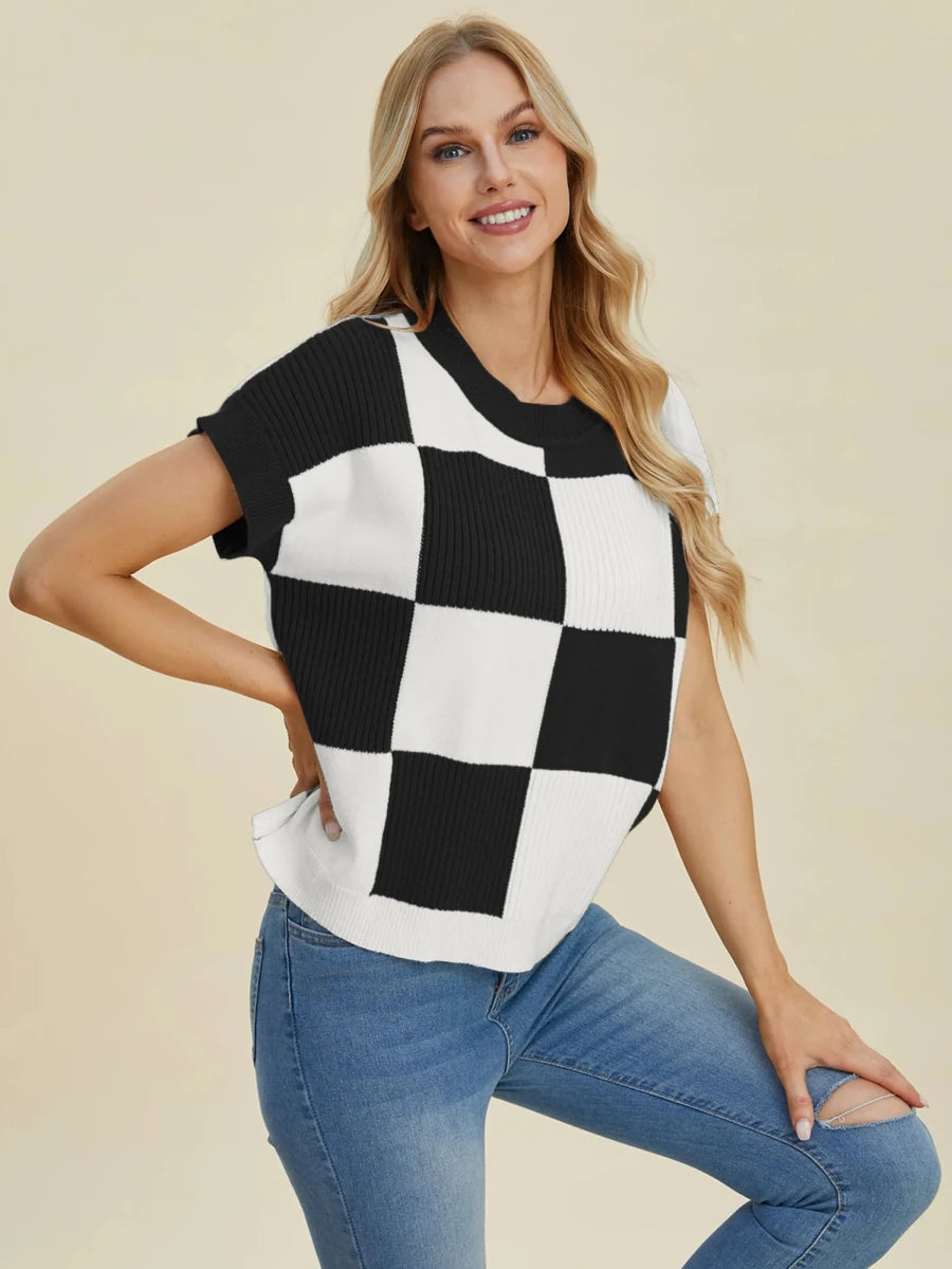 Double Take Full Size Checkered Round Neck Short Sleeve Sweater, Black/XL, view 4