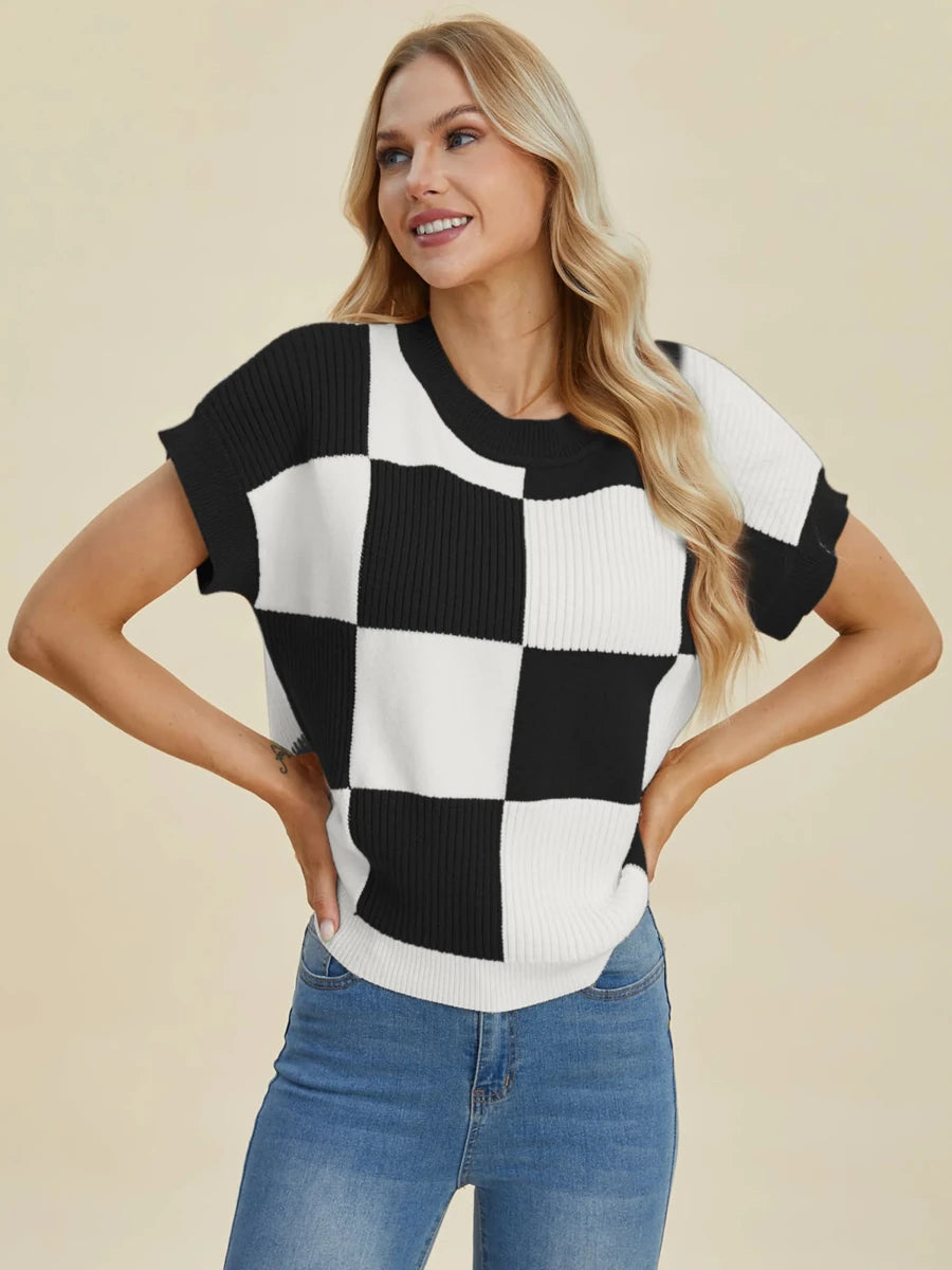 Double Take Full Size Checkered Round Neck Short Sleeve Sweater, Black/2XL, view 5