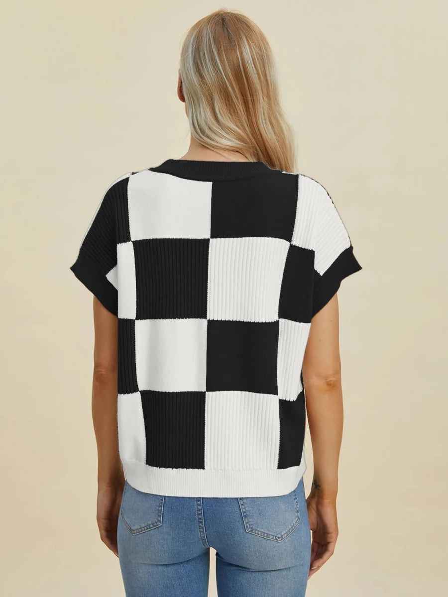 Double Take Full Size Checkered Round Neck Short Sleeve Sweater, Black/3XL, view 6