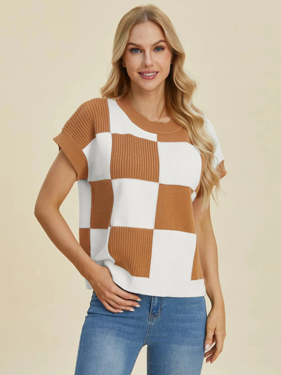 Double Take Full Size Checkered Round Neck Short Sleeve Sweater, Camel/M, view 14