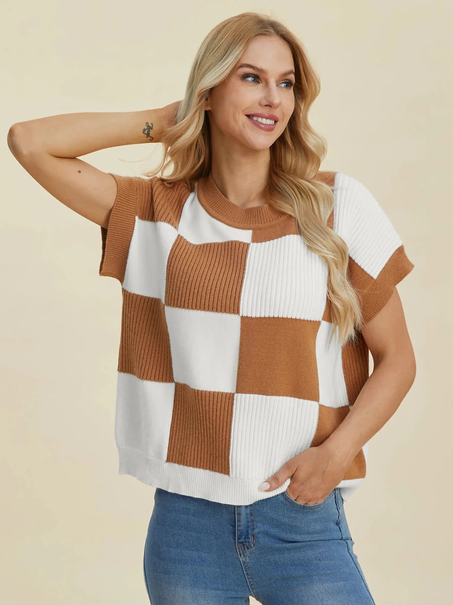 Double Take Full Size Checkered Round Neck Short Sleeve Sweater, Camel/1, view 15