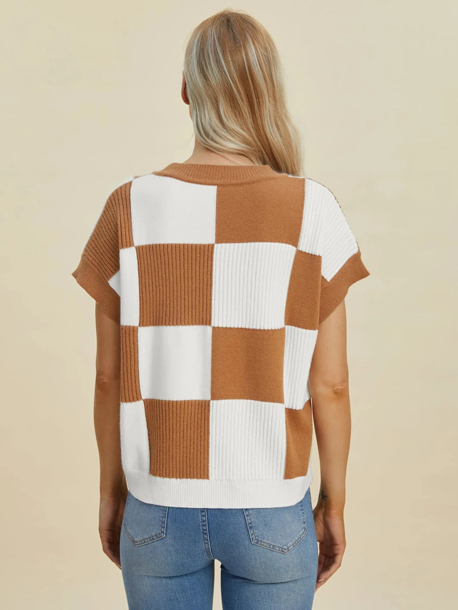 Double Take Full Size Checkered Round Neck Short Sleeve Sweater, Camel/XL, view 16