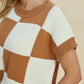 Double Take Full Size Checkered Round Neck Short Sleeve Sweater in brown and white ribbed knit pattern on model