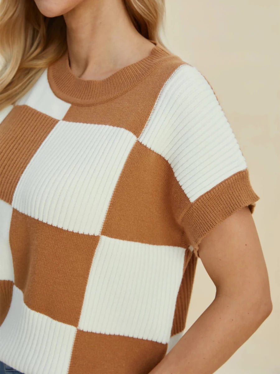 Double Take Full Size Checkered Round Neck Short Sleeve Sweater, Camel/2XL, view 17