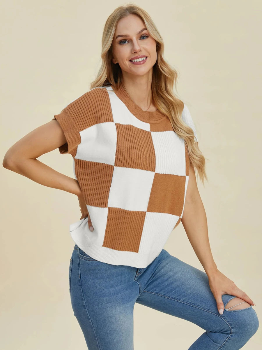 Double Take Full Size Checkered Round Neck Short Sleeve Sweater, Dusty pink/3XL, view 12