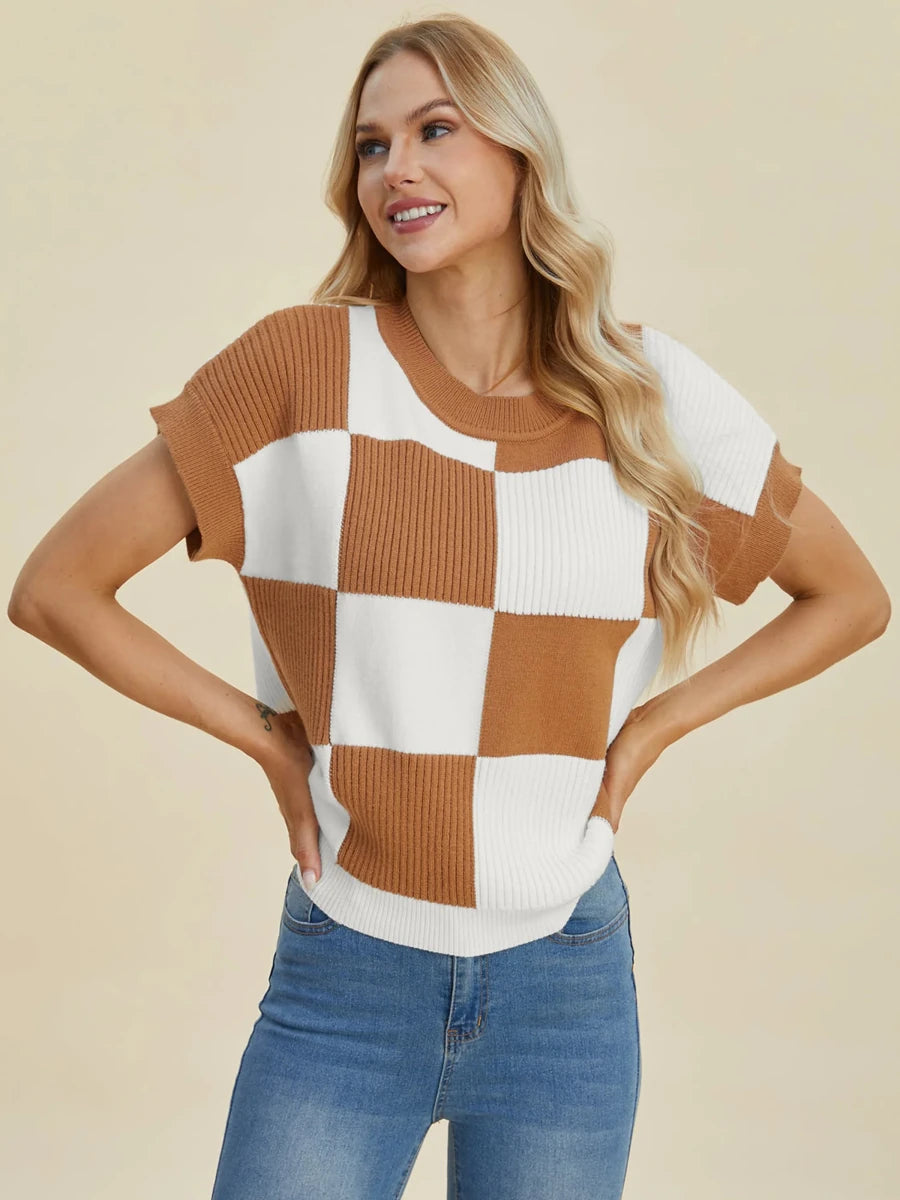 Double Take Full Size Checkered Round Neck Short Sleeve Sweater, Camel/1, view 13