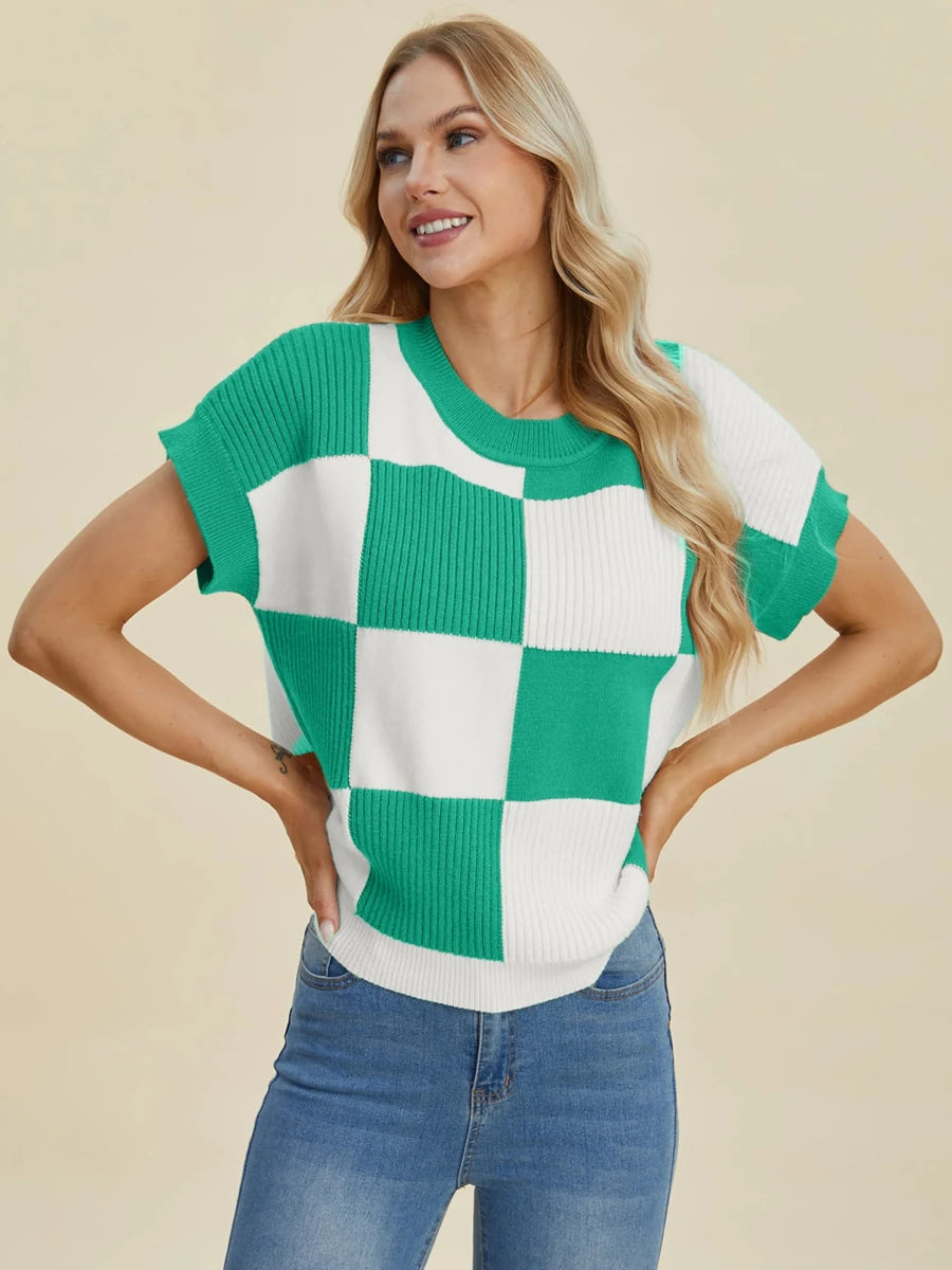 Double Take Full Size Checkered Round Neck Short Sleeve Sweater, Turquoise/M, view 20
