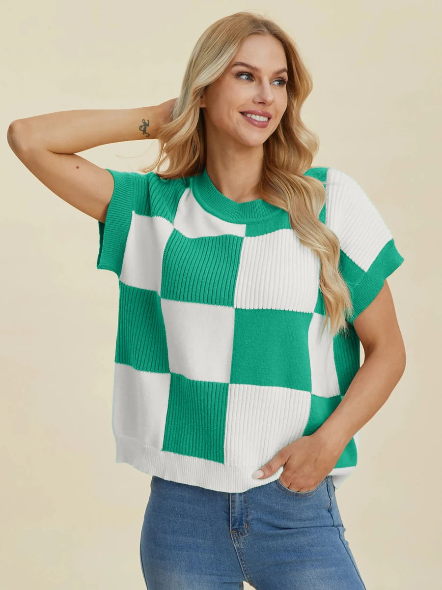 Double Take Full Size Checkered Round Neck Short Sleeve Sweater, Turquoise/1, view 21