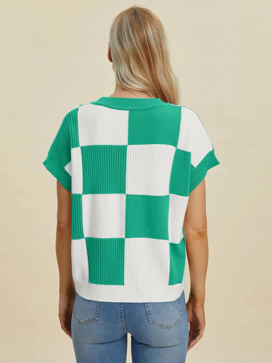Double Take Full Size Checkered Round Neck Short Sleeve Sweater, Turquoise/XL, view 22
