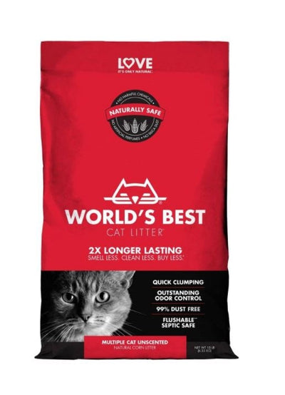 Red bag of World's Best Cat Litter, Multiple Cat Unscented, with a grey tabby cat and product features.