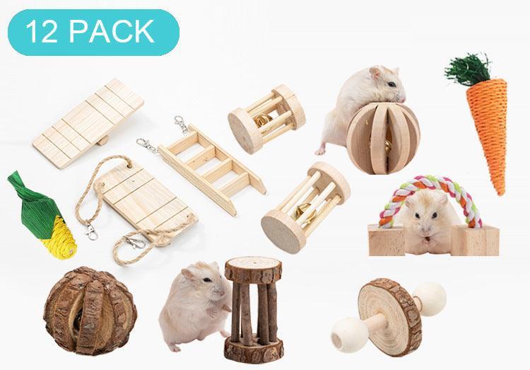 Natural Wood Pet Toy Set: Interactive Playtime Fun For Hamsters, Rabbits, Guinea Pigs, Parrots, Cats, And Dogs.