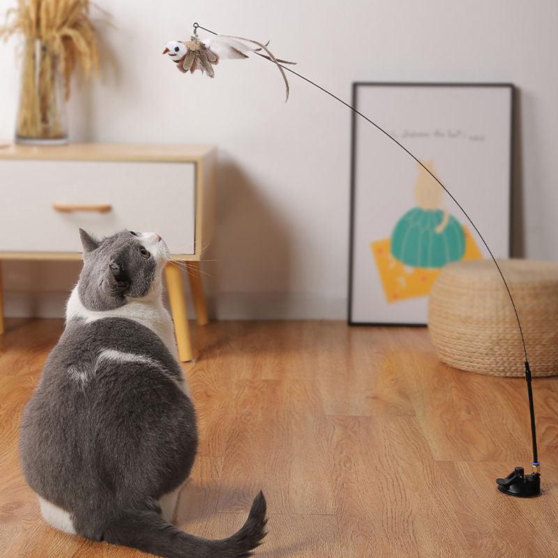 Feather Frenzy Cat Teaser: Extendable Steel Wire Rod With Suction Cup