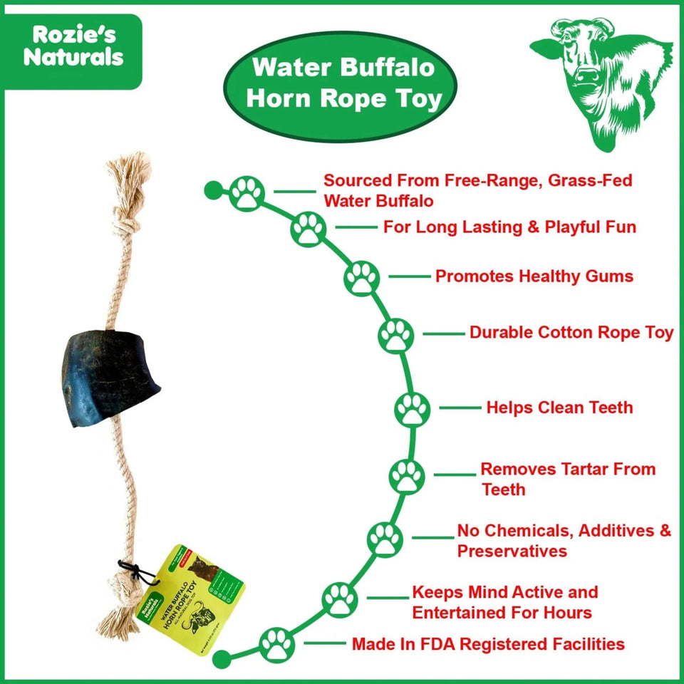 WATER BUFFALO HORN ROPE TUG Dog Toy-100% Cotton Rope 14", Long-Lasting, Natural Dog Treat & Chews