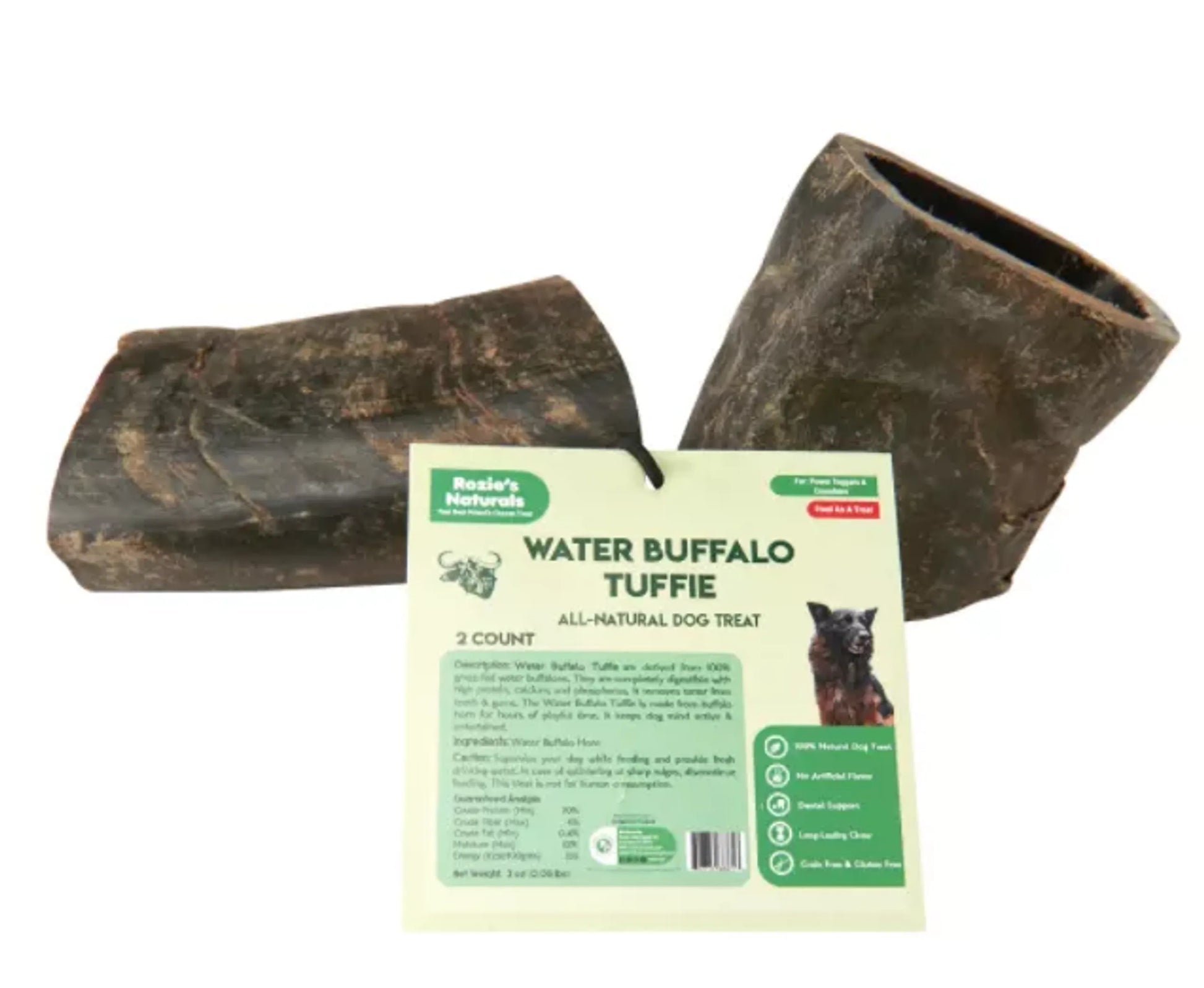 WATER BUFFALO HORN TUFFIE - 100% Natural Dog Treat & Chews, Grain - Free, Gluten - Free, Dog Chewing Dental Toys, 2 COUNT, 7.5 oz - Pets Perfect
