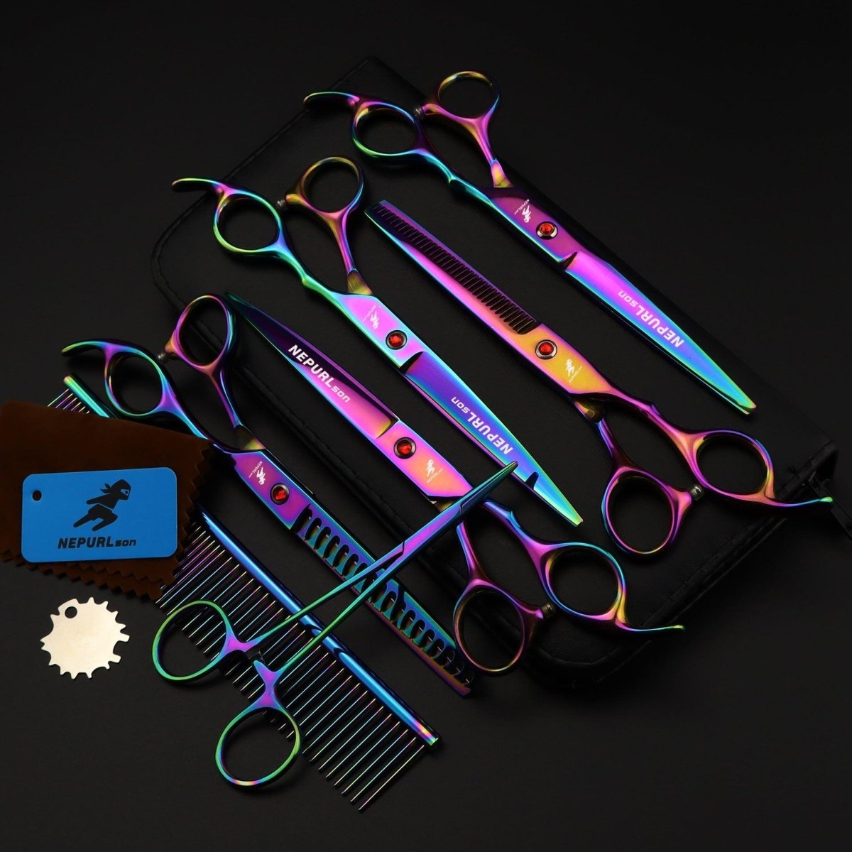 7 Inch Electroplating Color Pet Grooming Scissors - 5 - Piece Set - Pets Perfect
