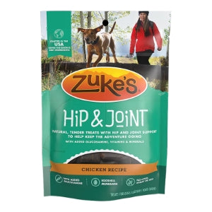 Green bag of Zuke's Hip & Joint Chicken Recipe dog treats, showing a dog and person on a trail at the top.