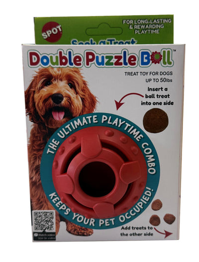 Front view of Spot Seek-A-Treat Double Puzzle Ball packaging, showing a dog, red puzzle ball, and treats.