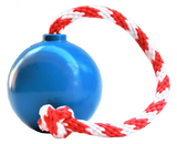 Cherry bomb shaped red rubber dog treat dispenser and tug toy for medium to large dogs
