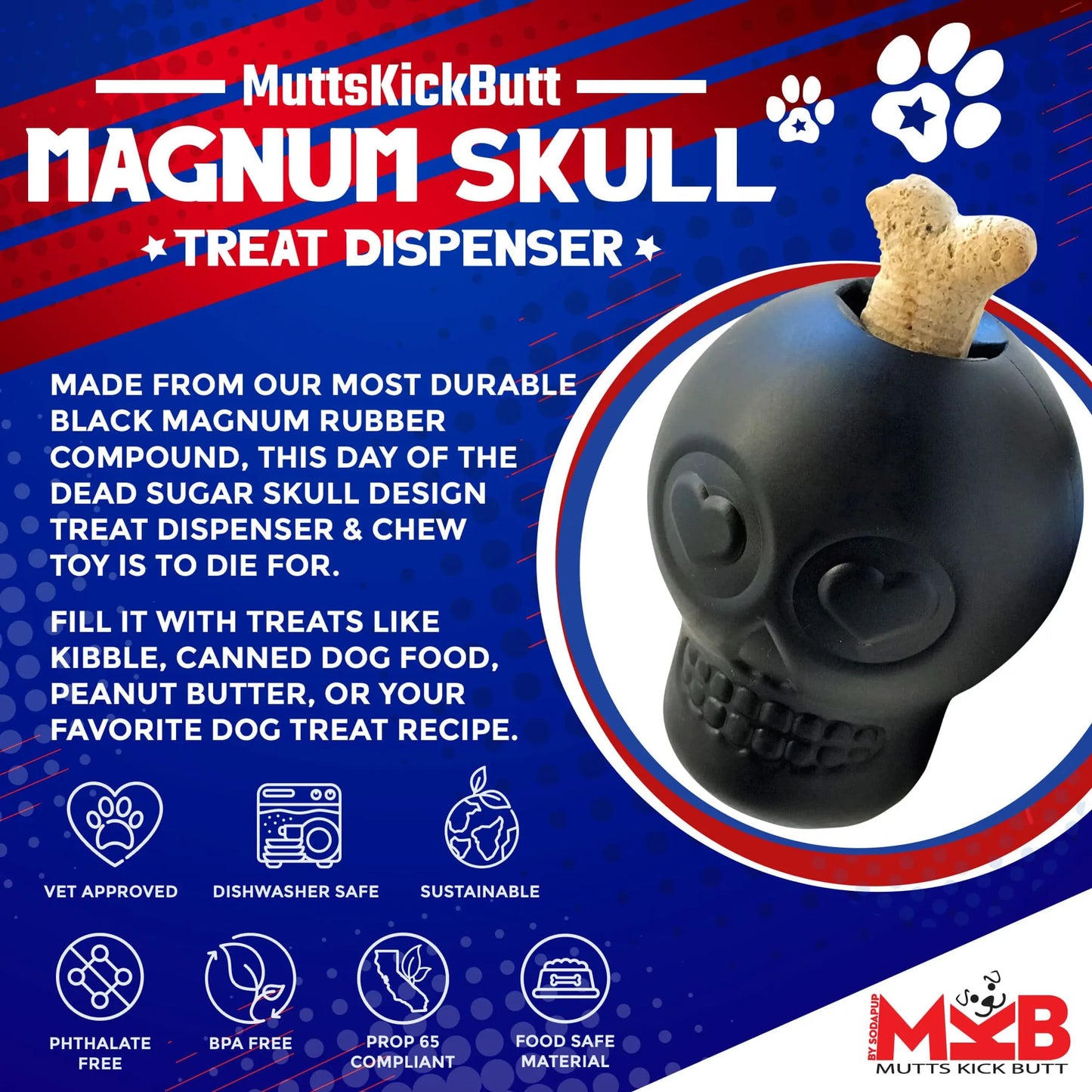 Sugar Skull Dog Toy – Rubber Treat Dispenser Chew – Medium