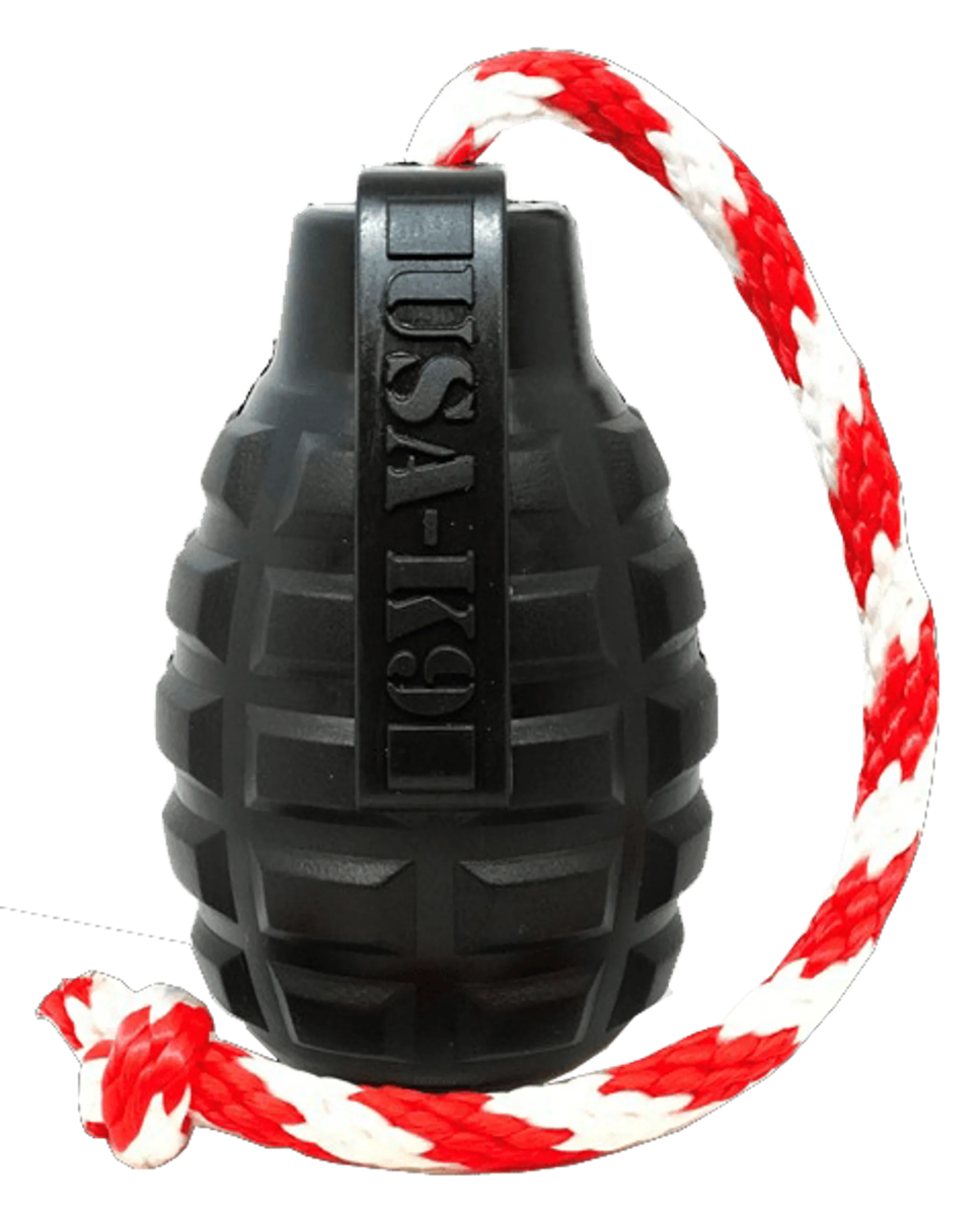 USA - K9 Grenade Durable Rubber Chew Toy, Treat Dispenser, Reward Toy, Tug Toy, and Retrieving Toy - Pets Perfect