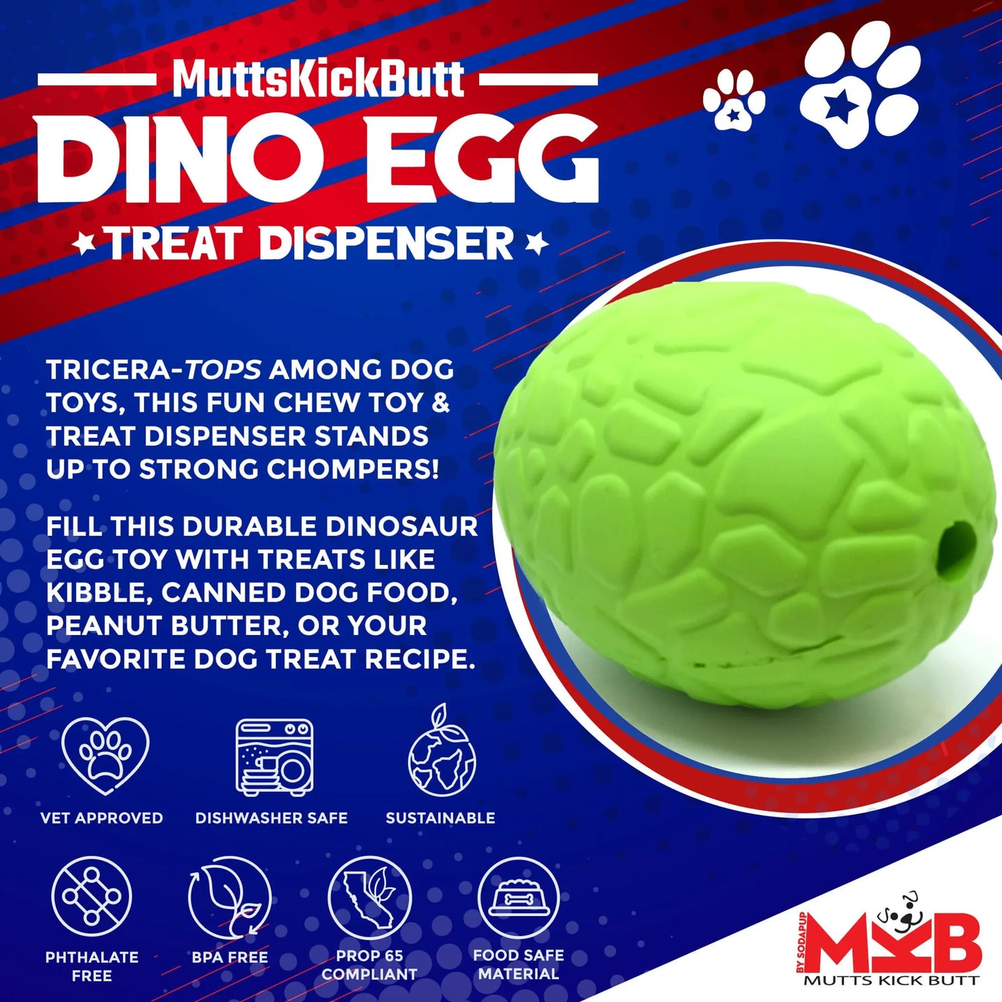 MKB Dinosaur Egg Durable Rubber Chew Toy & Treat Dispenser - Pets Perfect