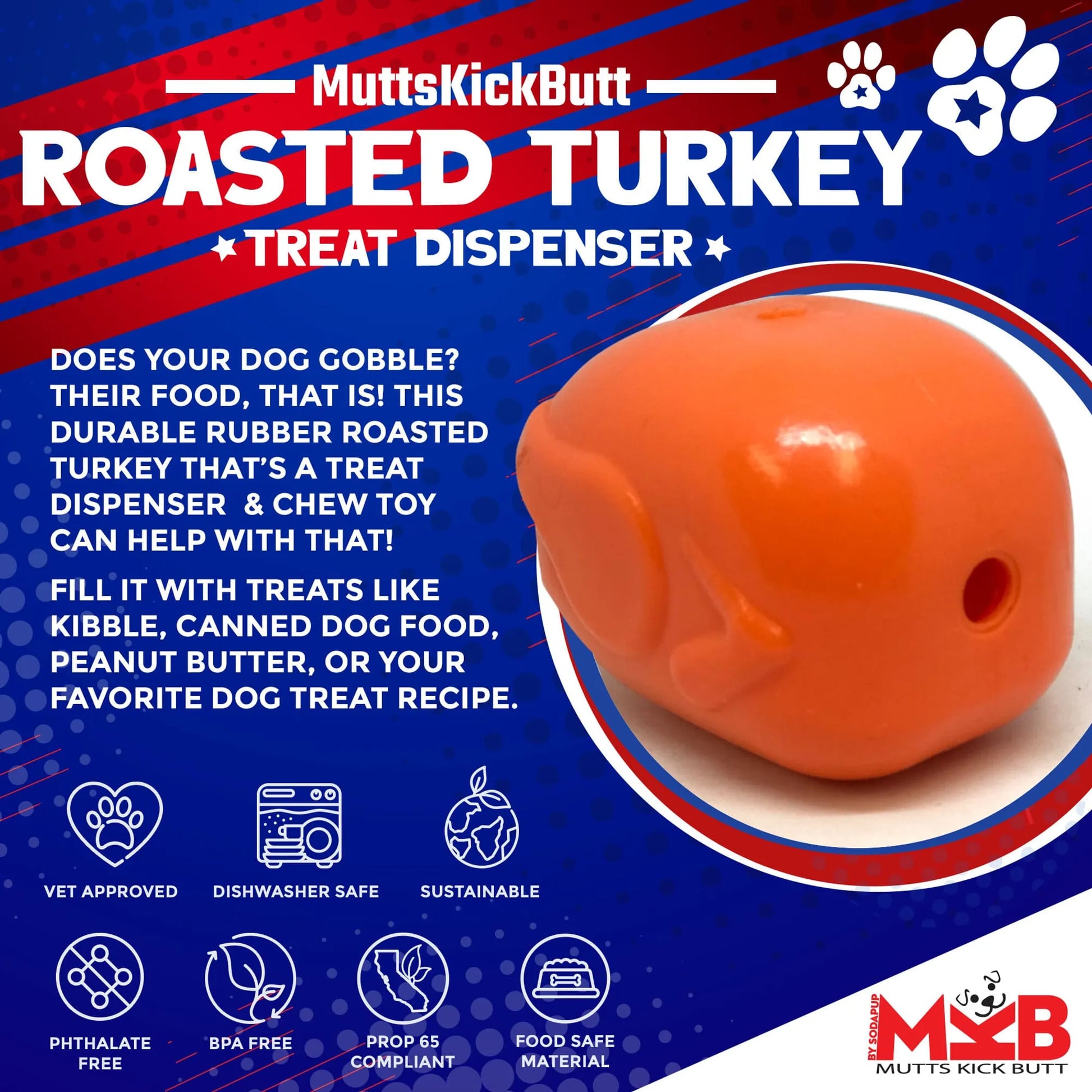 MKB Roasted Turkey Durable Rubber Chew Toy & Treat Dispenser - Pets Perfect