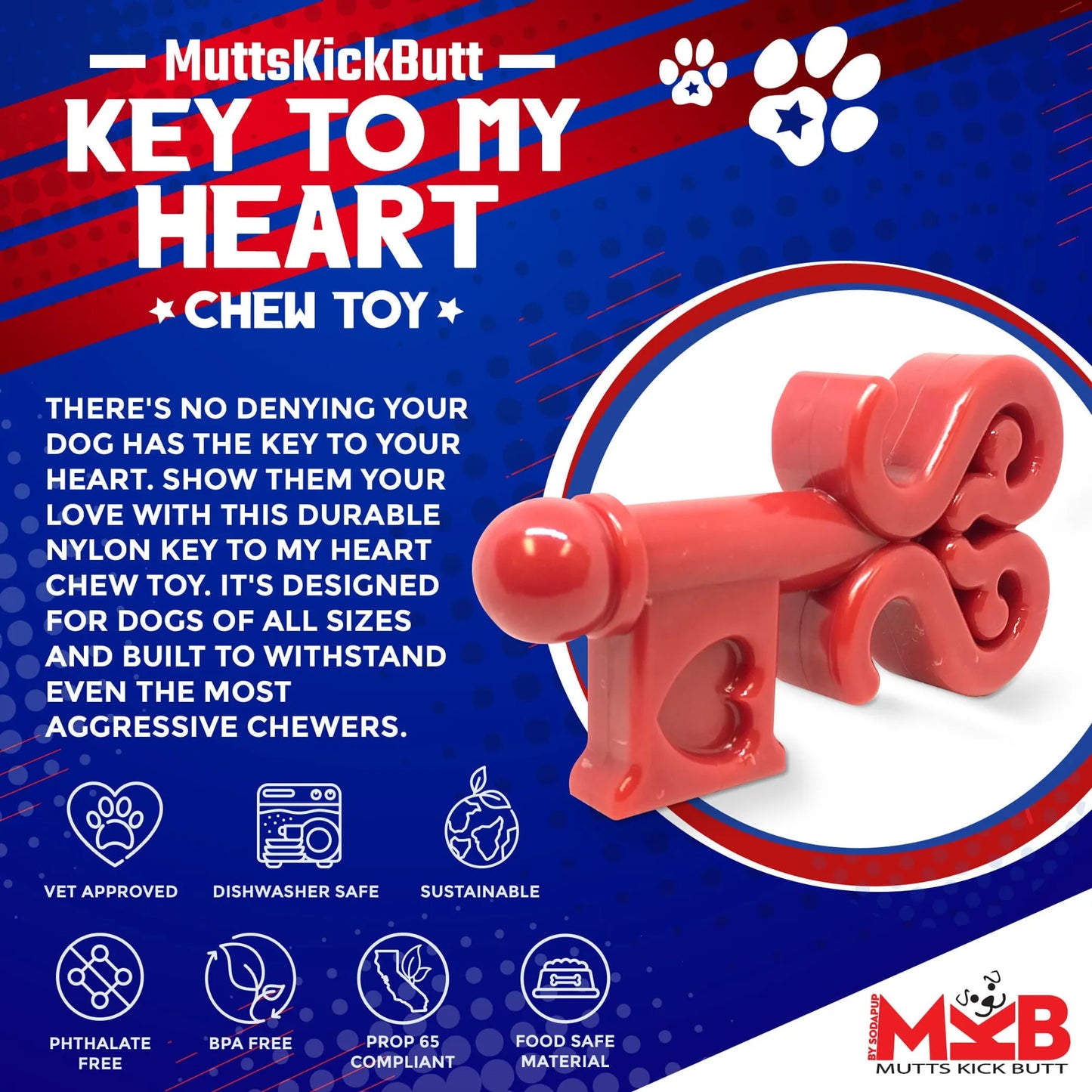 MKB Key to My Heart Ultra Durable Nylon Dog Chew Toy for Aggressive Chewers - Pets Perfect