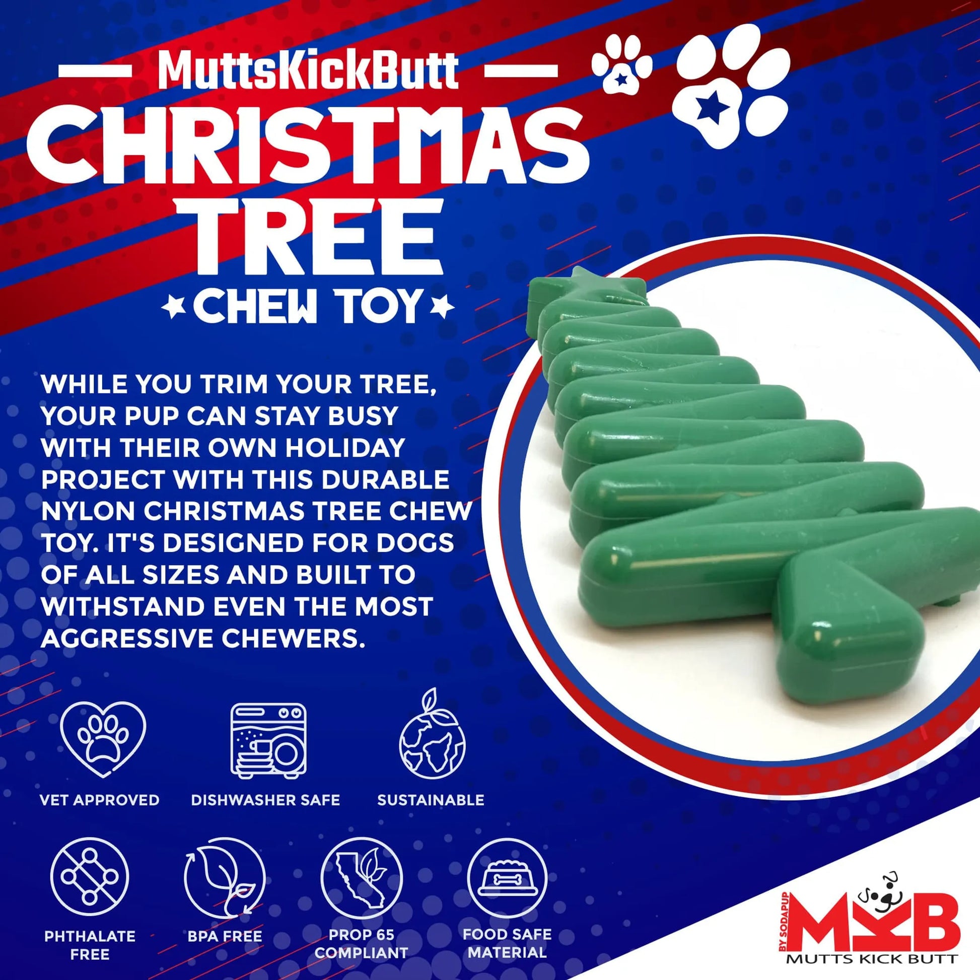 MKB Christmas Tree Ultra Durable Nylon Dog Chew Toy for Aggressive Chewers - Pets Perfect