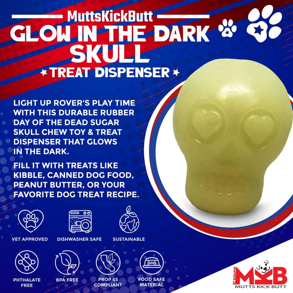 MKB Glow in the Dark Sugar Skull Chew Dog Toy & Treat Dispenser - Pets Perfect