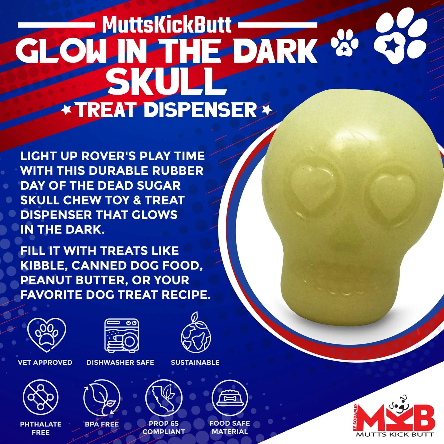 MKB Glow in the Dark Sugar Skull Chew Toy & Treat Dispenser - Pets Perfect