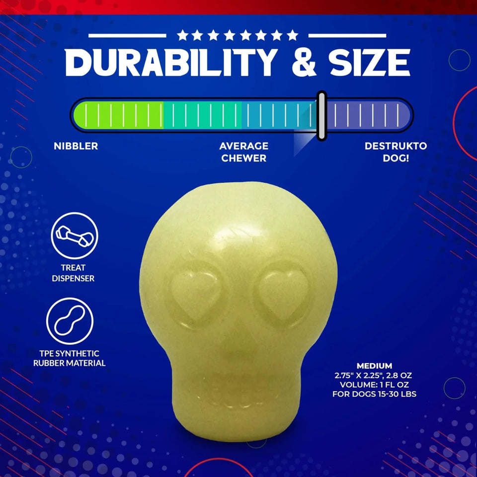 MKB Glow in the Dark Sugar Skull Chew Dog Toy & Treat Dispenser - Pets Perfect