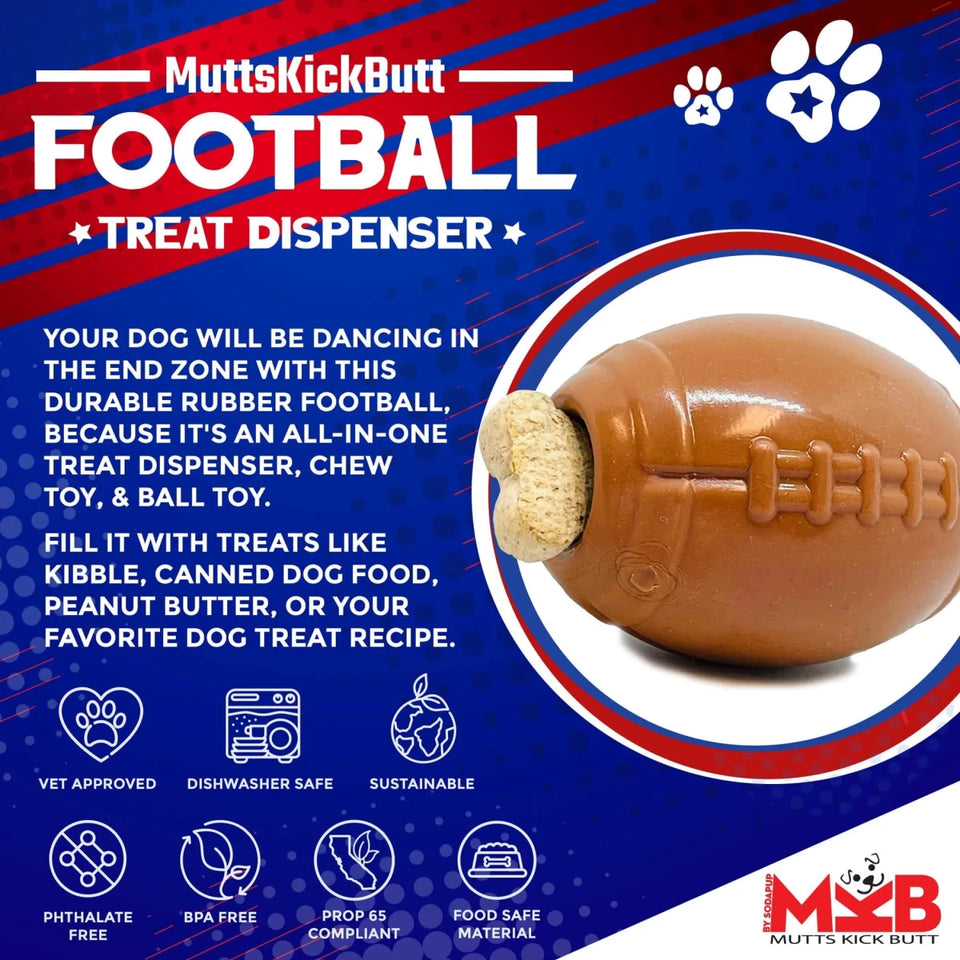 MKB Football Durable Synthetic Rubber Chew Dog Toy and Treat Dispenser - Pets Perfect