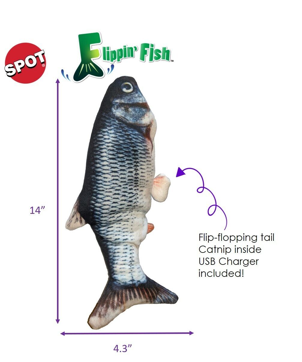 Spot Flippin Fish Cat Toy Grey - Blue - Tan 11.5in - Pets Perfect