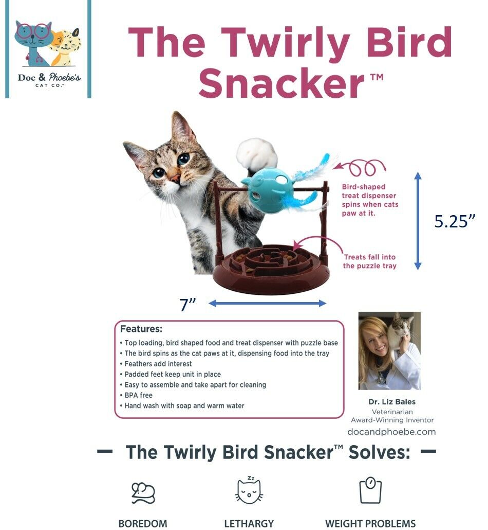 Doc and Phoebe Twirly Bird Cat Treat Dispenser Brown - Blue 5.25in - Pets Perfect