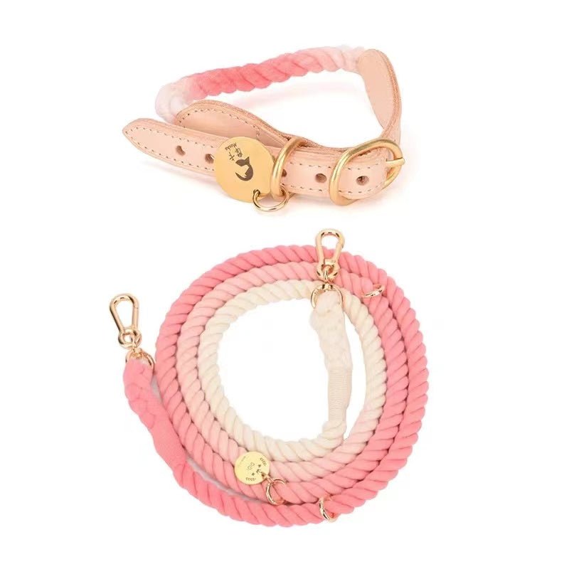 Hands-Free Rope Dog Leash and Luxe Royal Leather Dog Collar Bundle, Strawberry Love - Pets Perfect