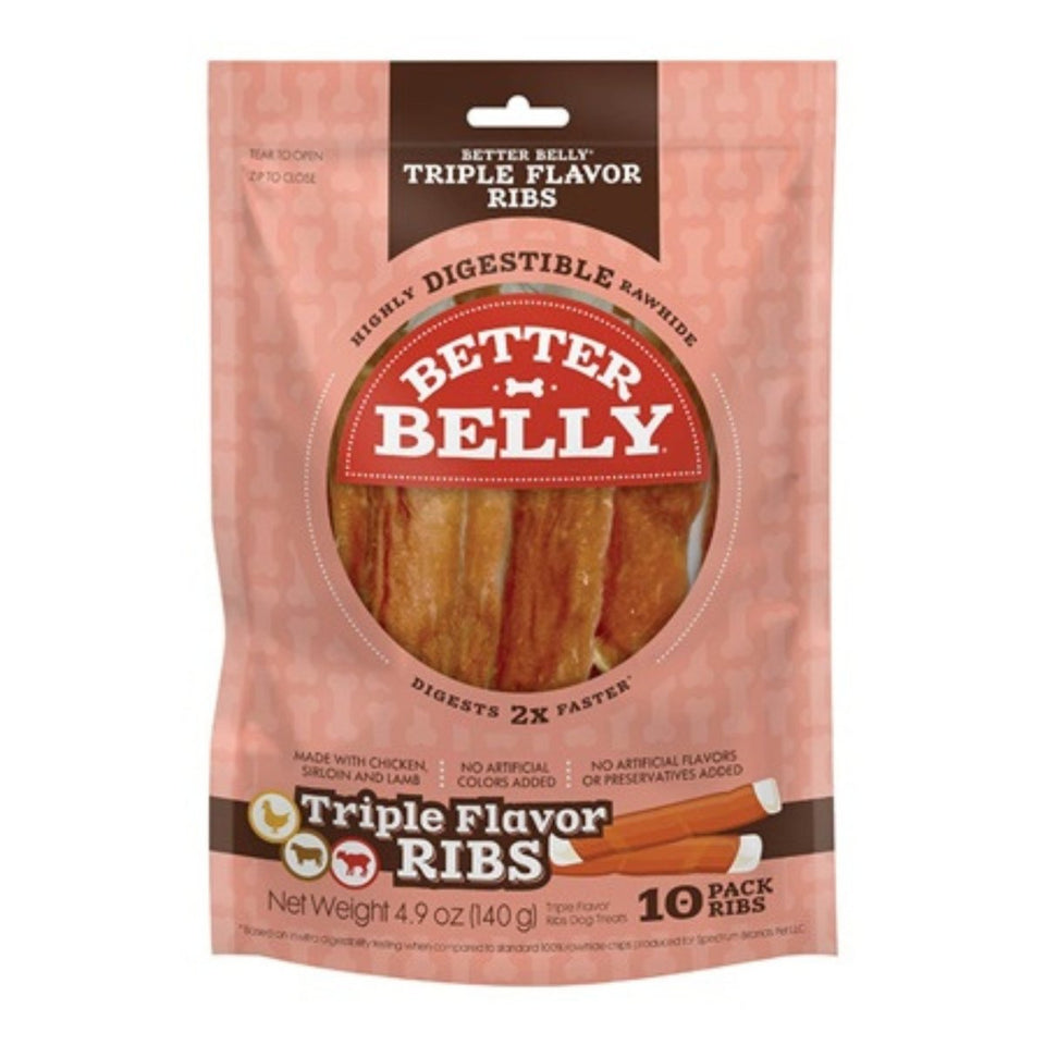 Better Belly - Long-Lasting Triple Flavor Rawhide Ribs Dog Chew, 10 ct