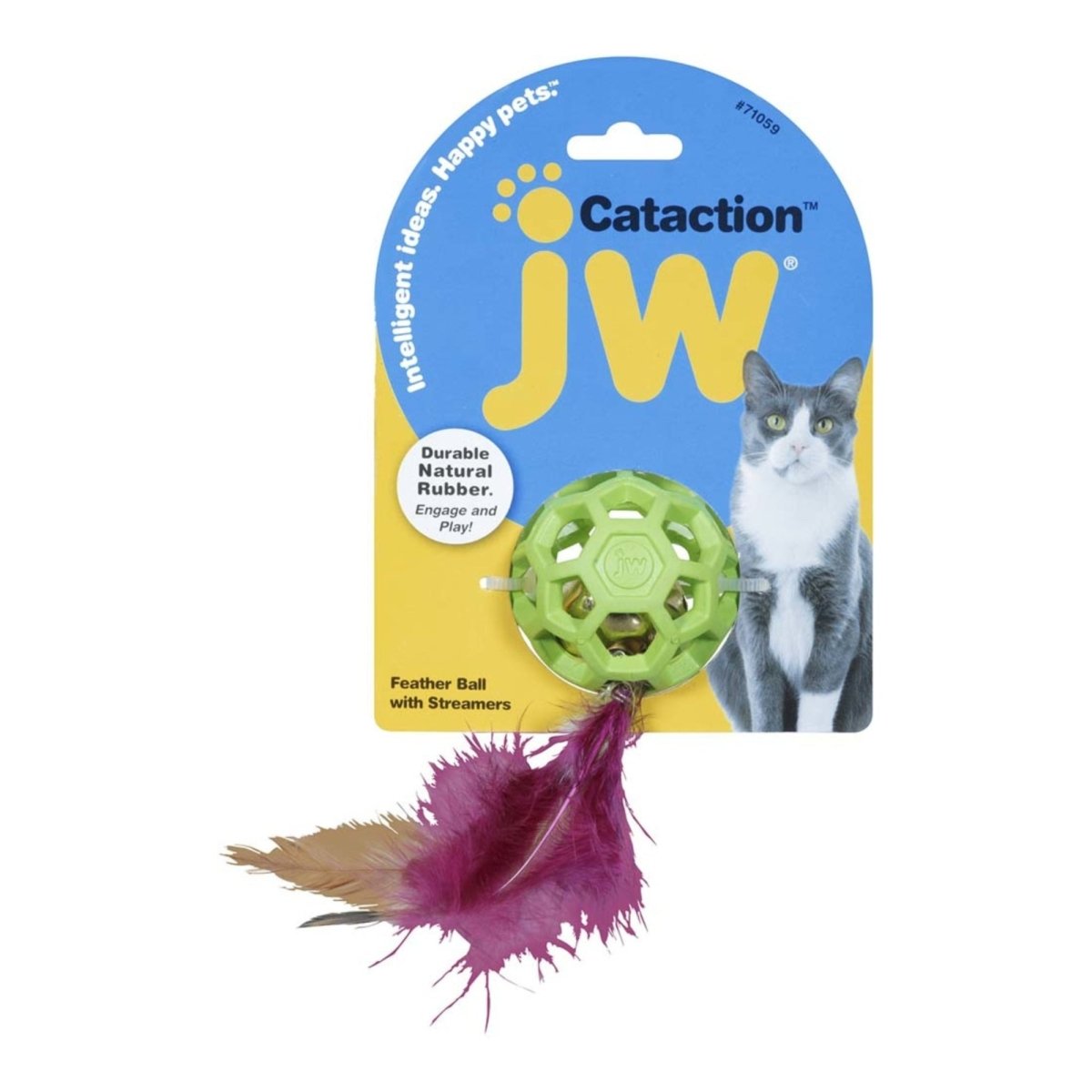 JW Pet Cataction Feather Ball with Bell Cat Toy Green 1ea/One Size - Pets Perfect