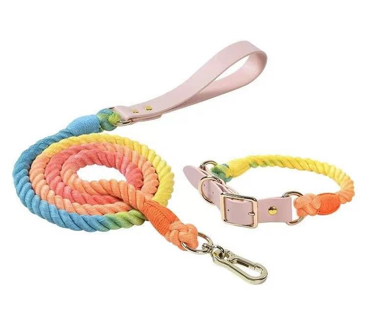 Luxe Royal Leather Rope Dog Leash and Dog Collar Set - Classic Rainbow, Small