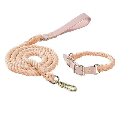 Luxe Royal Leather Rope Dog Leash and Dog Collar Set - Cotton Coral, Small