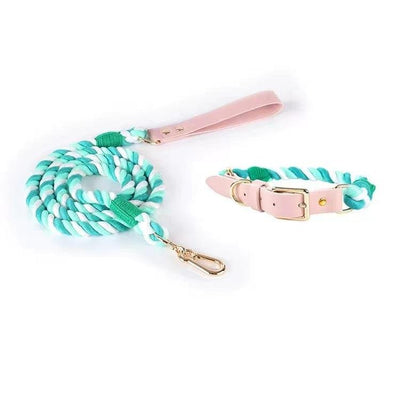 Luxe Royal Leather Rope Dog Leash and Dog Collar Set - Forest Love, Small