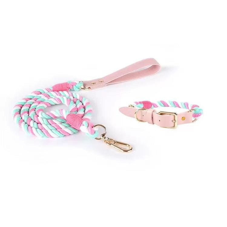 Luxe Royal Leather Rope Dog Leash and Dog Collar Set - Cotton Candy, Small