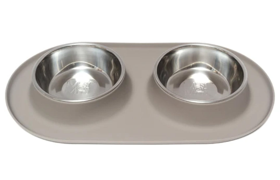 Grey silicone double-bowl feeding mat with two stainless steel dog bowls