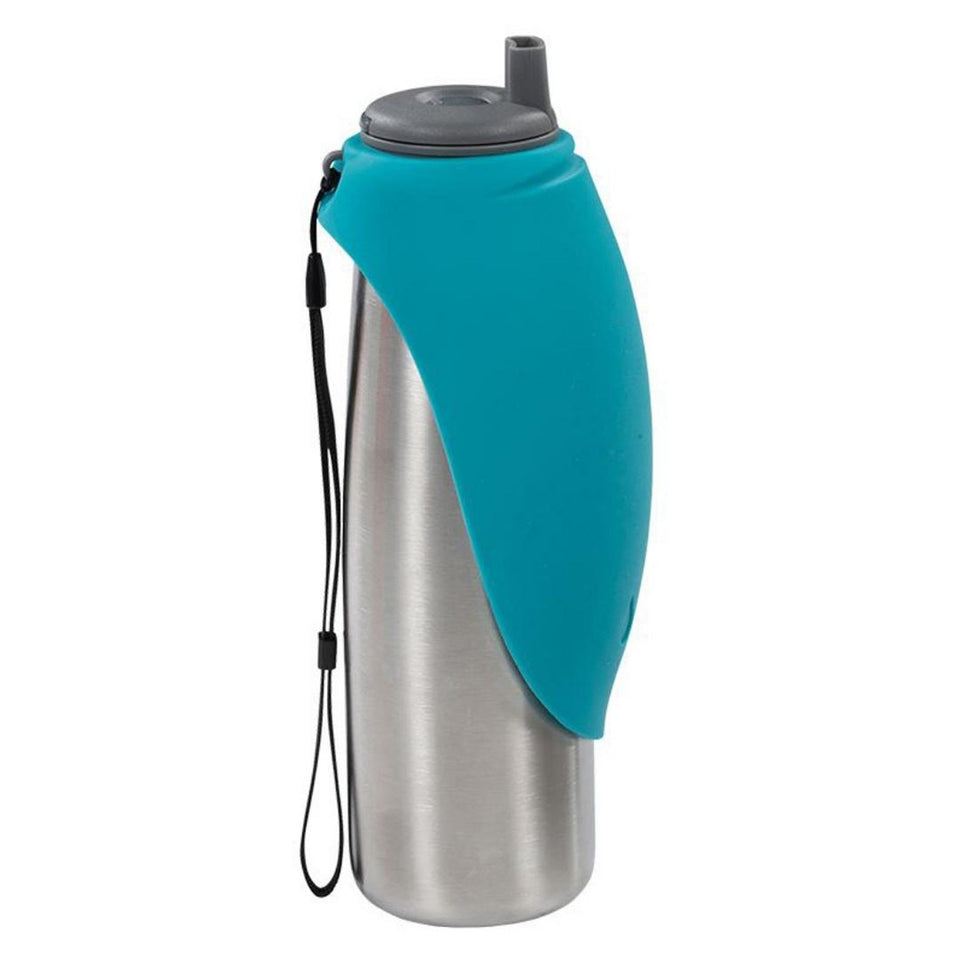 Stainless travel bottle with teal flip-out bowl lid and wrist strap attached