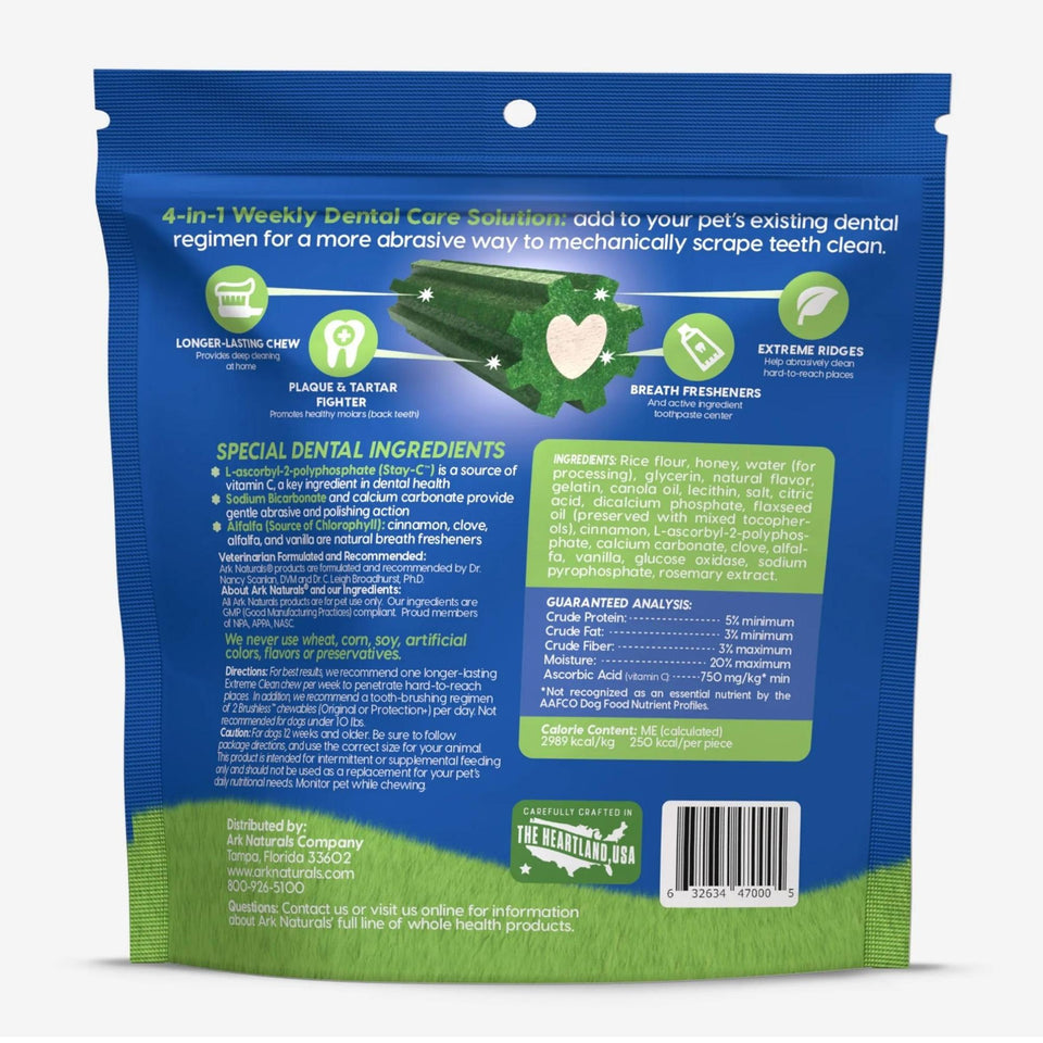 Back of Extreme Clean Small bag showing ingredient panel and dental chew diagram
