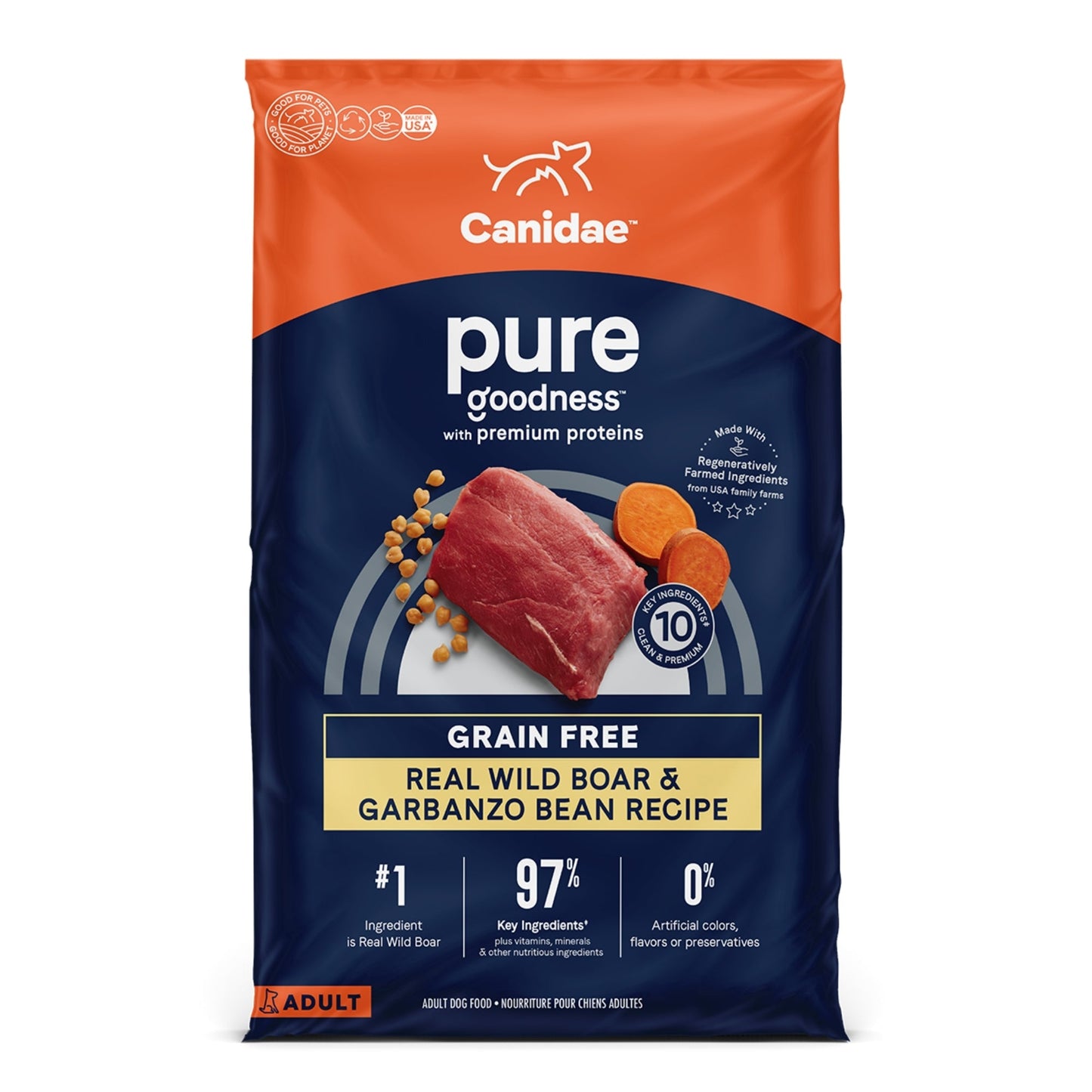 CANIDAE PURE Farm To Bowl GrainFree LID Dry Dog Food Wild Boar  Garbanzo Bean, 1ea/22 lb