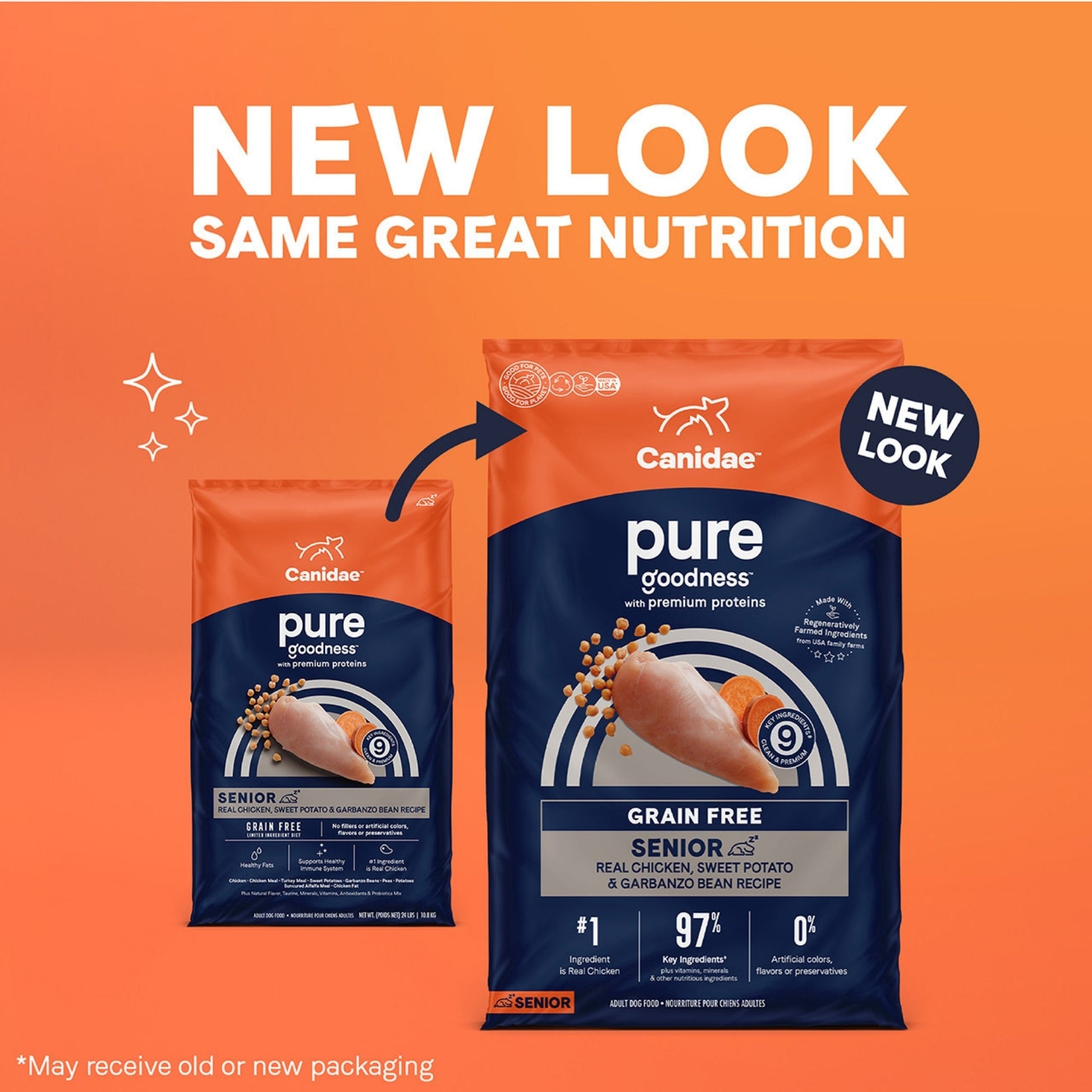 CANIDAE PURE Farm To Bowl GrainFree LID Dry Senior Dog Food Chicken, Sweet Potato Garbanzo Bean, 1ea/22 lb packaging new look promotion