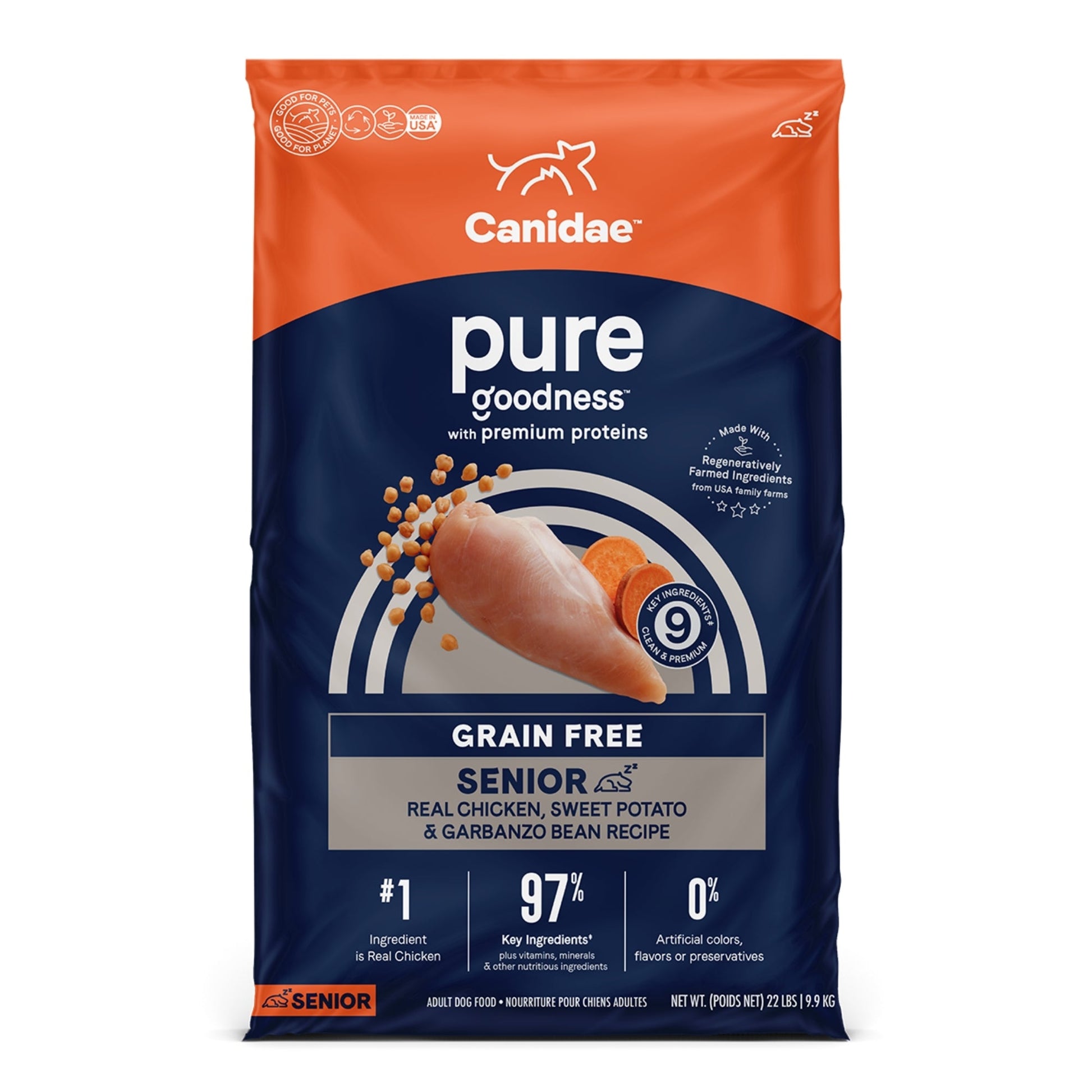 CANIDAE PURE Farm To Bowl GrainFree LID Dry Senior Dog Food Chicken, Sweet Potato Garbanzo Bean, 1ea/22 lb bag