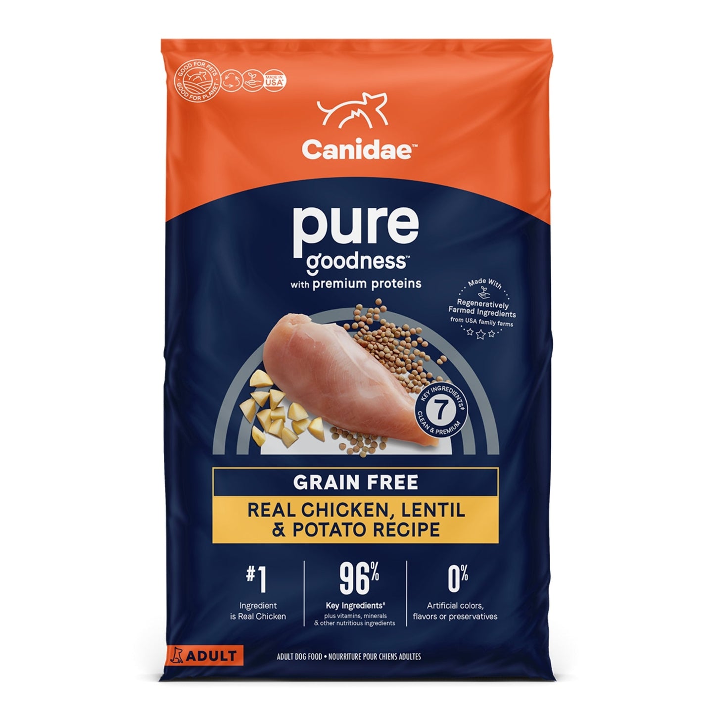 CANIDAE PURE Farm To Bowl GrainFree LID Dry Dog Food Chicken, Lentil  Pea, 1ea/22 lb