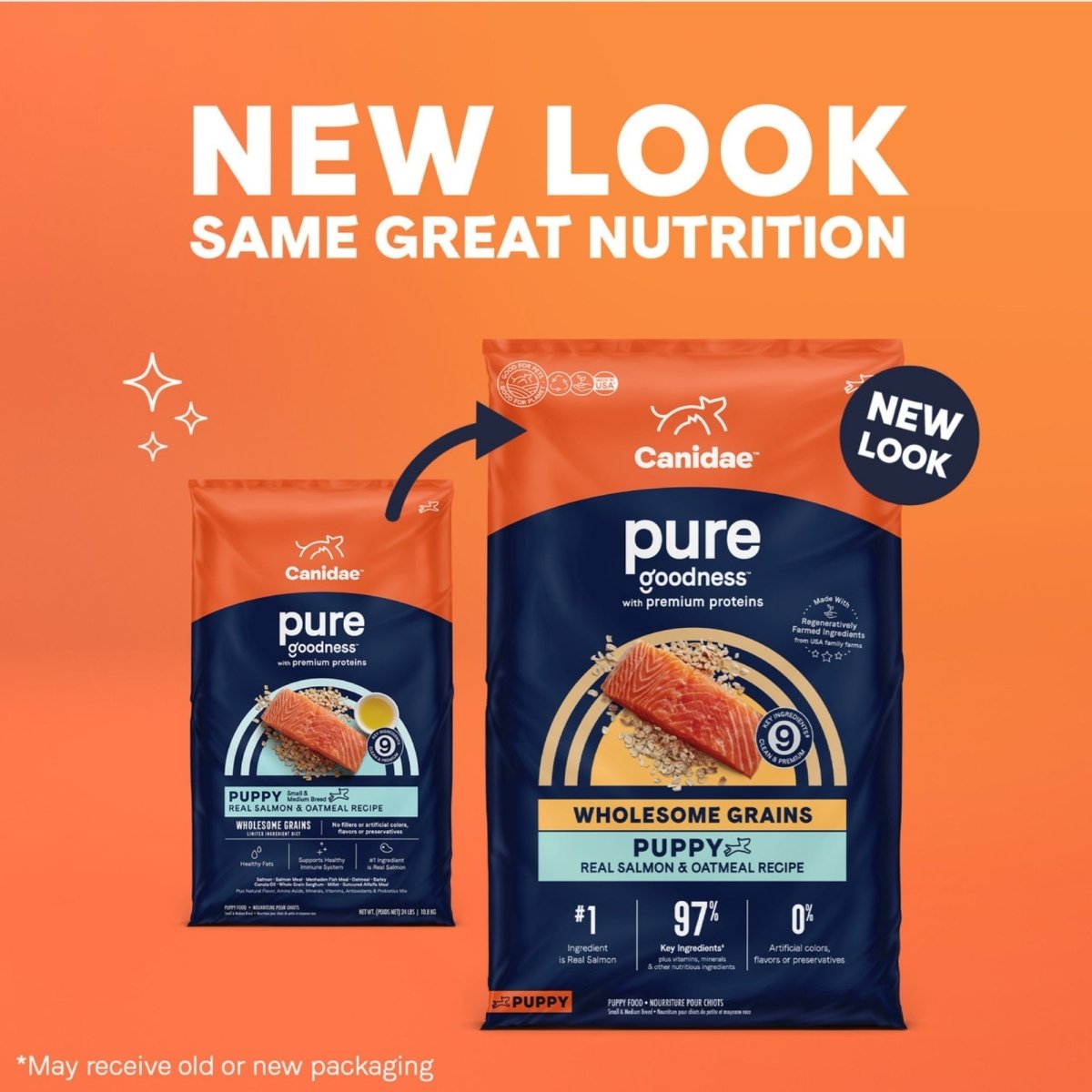 CANIDAE PURE Farm To Bowl w/Wholesome Grains Dry Puppy Food Salmon Oatmeal, 1ea/4 lb - Pets Perfect